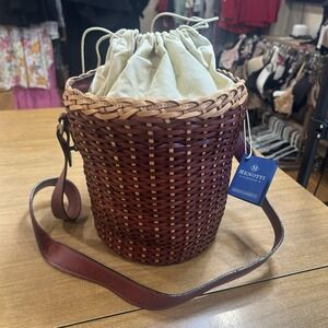 Menotti Bucket Bag Womens Medium Brown Leather Woven Drawstring Purse Italy NEW